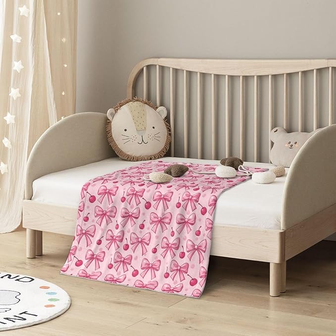 Baby Blanket Pink Bows Cherry for Boy Girl Newborn 30x40 Inch Toddler Infant Nursery Throw Blankets Double Layer Comfy Soft Plush Stroller Crib Quilt