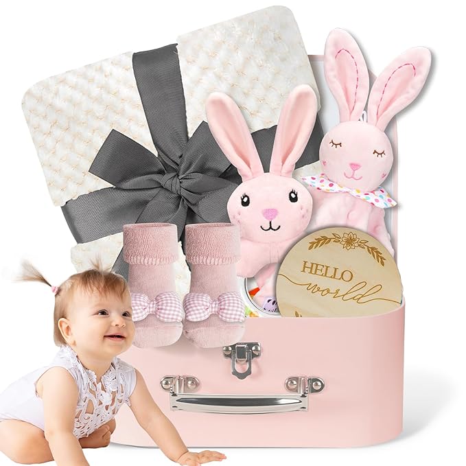 Baby Girl Gift Basket, Unique Baby Gift Basket, Baby Girl Gift Set, Baby Girl Gifts Newborn Gift Set with Baby Blanket, Baby Rattle, Bunny Handbell, Keepsake Milestone, Rabbit Toy, Baby Socks