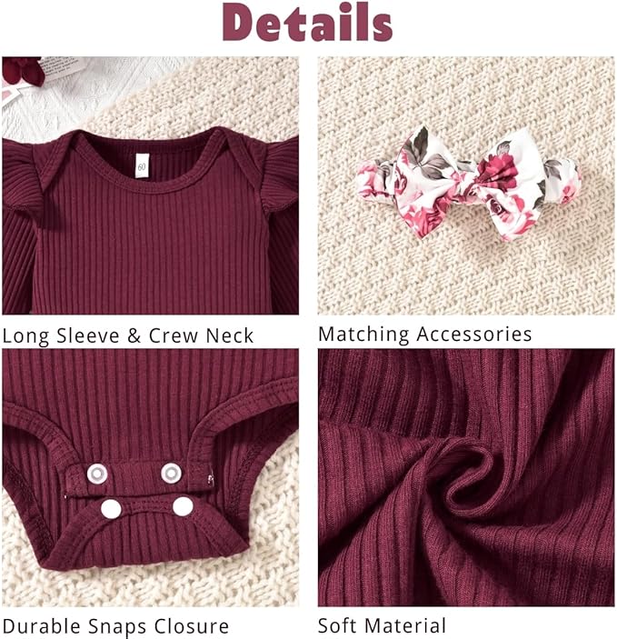 Aalizzwell Preemie Newborn Infant Baby Girls Clothes Ribbed Romper Bodysuit Pants Set Fall Winter Outfits