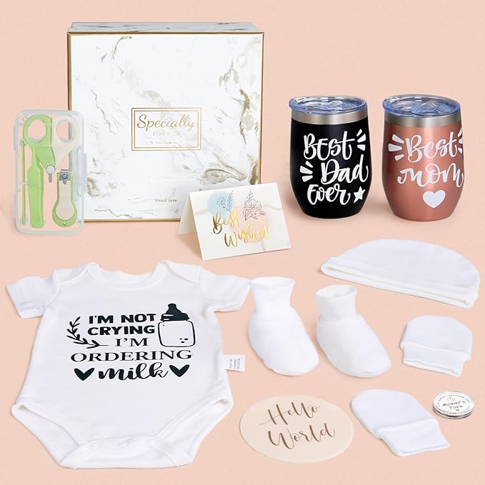 Gender Reveal Gift,10Pcs New Parents Dad Mom to Be Tumbler Gifts,Neutral Boy Girl Baby Gift, Baby Shower Basket,First Time Expecting Parent, Newborn Essentials Box, Pregnancy Announcement Babe Arrival