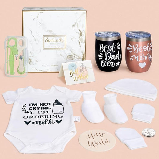 Gender Reveal Gift,10Pcs New Parents Dad Mom to Be Tumbler Gifts,Neutral Boy Girl Baby Gift, Baby Shower Basket,First Time Expecting Parent, Newborn Essentials Box, Pregnancy Announcement Babe Arrival