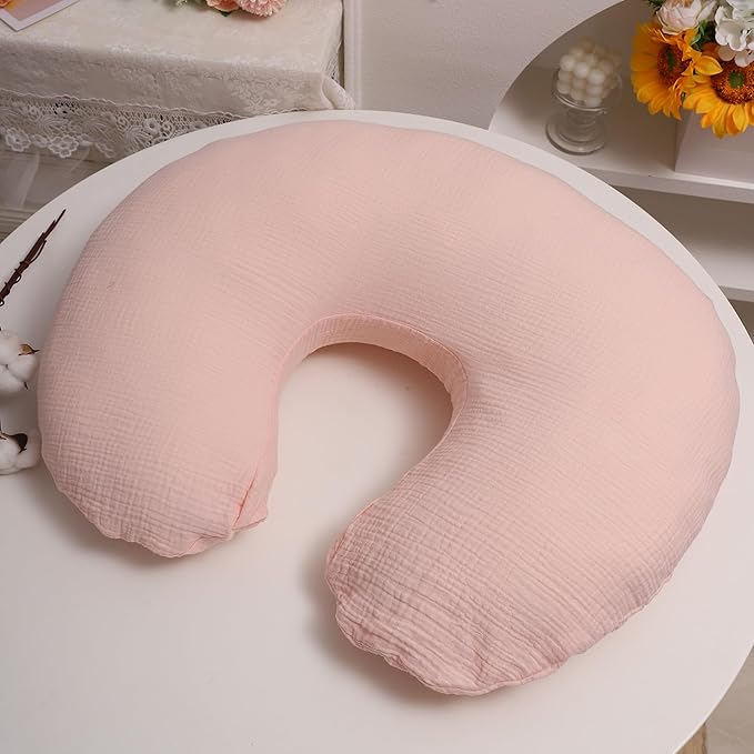 Onacosht Muslin Nursing Pillow Cover 2 Pack 100% Cotton Ultra Soft Breastfeeding Pillow Covers for Baby Boy and Girl, Floral and Light Pink