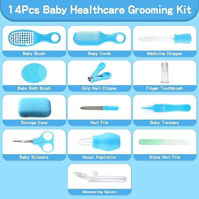 Baby Healthcare and Grooming Kit, 14 in 1 Baby Safety Set Newborn Nursery Health Care Set with Hair Brush Scale Nail Clippers for Baby Girls Boys (Blue 14 in 1)