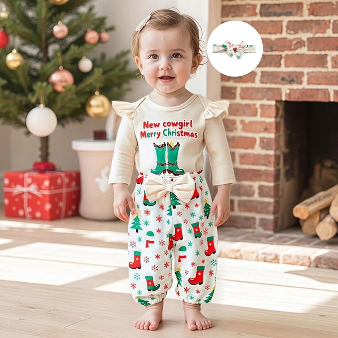 Fernvia Western Newborn Baby Girl Clothes Long Sleeve Letter Print Romper Animal Print Pants Headband 3Pcs Outfits Sets