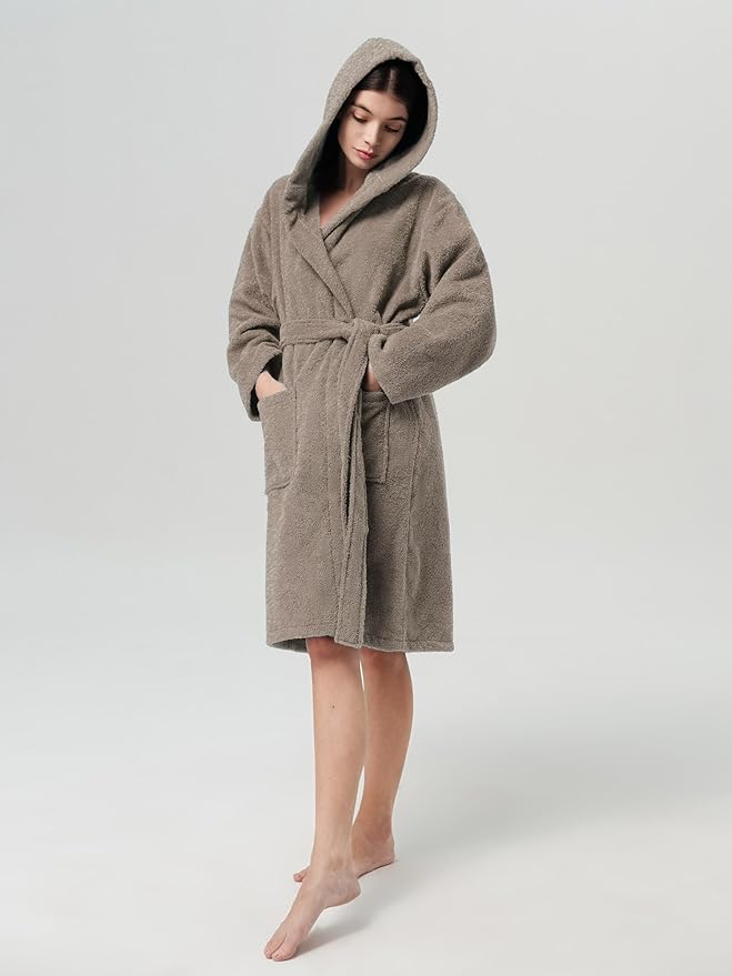 SIORO Womens Hooded Terry Cloth Robe, Cotton Absorbent Knee-Length Bathrobe, Housecoat with Pockets for Spa & Shower