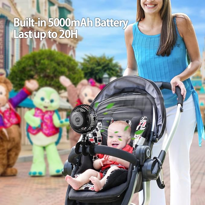 Portable Stroller Fan - 5000mAh Rechargeable Battery with Flexible Tripods, 360° Pivot, 20 Hrs Runing, Personal Fan for Cooling Outdoor Travel Beach Umbrella Wagon Crib Treadmill Car