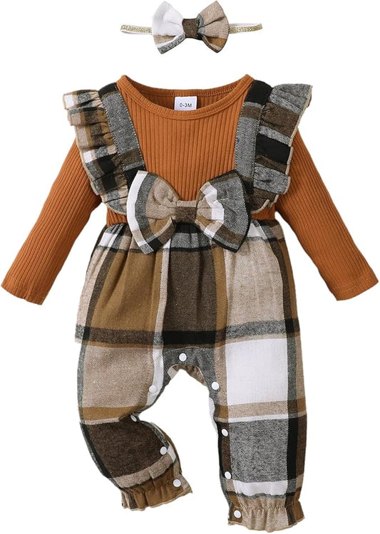 Newborn Infant Baby Girl Clothes Fall Winter Plaid Long Sleeve Jumpsuit One Piece Romper Bodysuit Baby Overalls Outfits