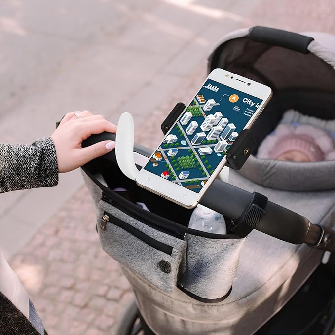 Amylove 2 Pcs Stroller Phone Holder Portable Cell Phone Holder Stand Universal Stroller Accessories for Parent Baby Toddler Cellphone Clamp with Non Slip Silicone Arm Grip(Grey, White,Novel)