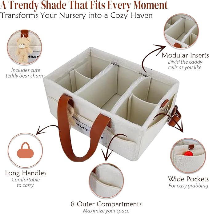 SMILEY BABY Nappy Caddy Organizer, Newborn Essentials & Car Diaper Caddy, Portable Nursery Storage Basket with Detachable Compartments, Baby Shower Gifts and Registry Must Haves for Boy or Girl