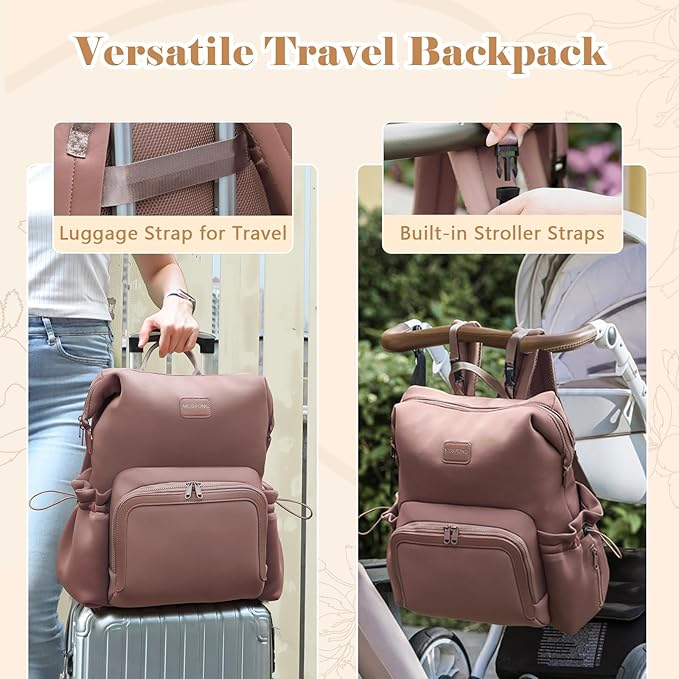 miss fong Diaper Bag Backpack - Baby Diaper Bag Neoprene Bag Large Capacity Neoprene Backpack with Diaper Changing Pad with 12 Pockets for Mom & Dad -Mauve