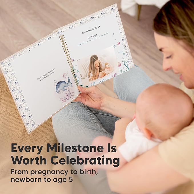 First 5 Years Baby Memory Book Girl, Boy - 90 Pages Hardcover First Year Milestone Keepsake Book, Newborn Scrapbook for New Parents, Minimalist Photo Album Journal, Gift for Baby Shower (SeaWorld)