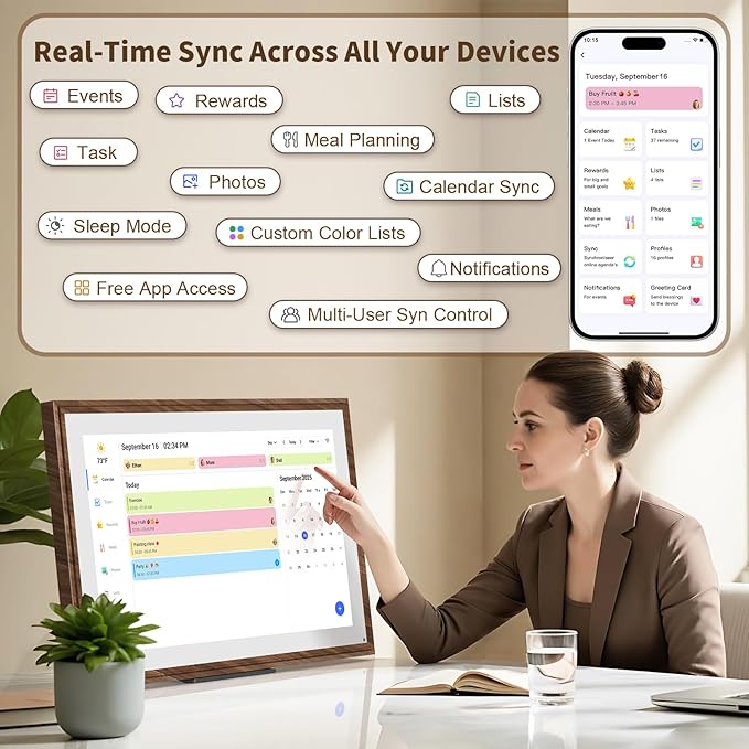 21.5 Inch Digital Calendar Chore Chart with Touchscreen - Full HD Interactive Display, Wall & Desk Mountable Family Planner, To-Do List & Meal Planner, Digital Picture Frame for Sharing Photos via App
