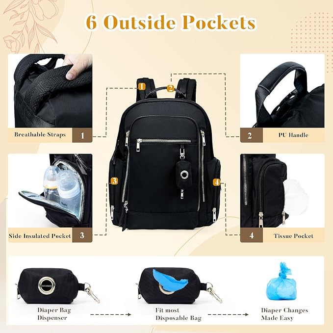 miss fong Diaper Backpack - Mommy & Dad Diaper Bag with Dispenser, 16 Pockets, Large Capacity, Travel & Baby Shower Gifts - Dark Black