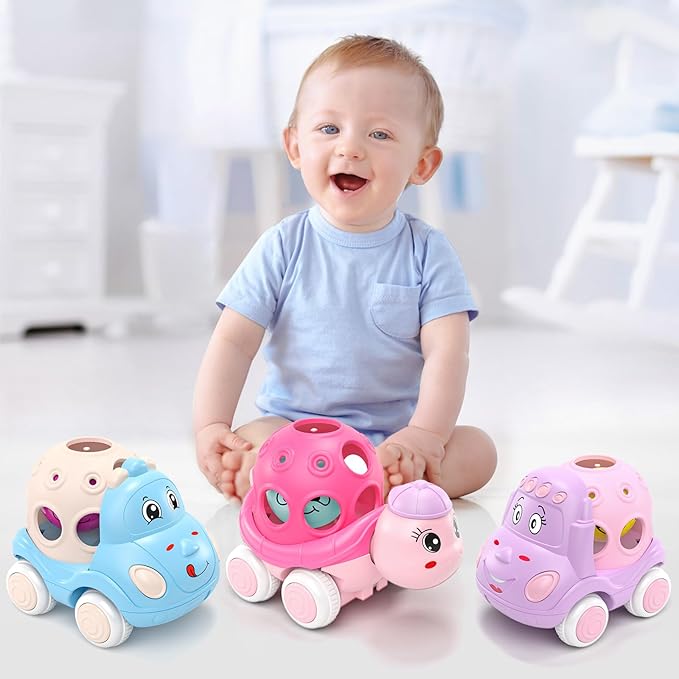Baby Girl Toy Cars for Toddlers 1-3, Push and Go Rattle Cars for Baby Toy 6-9-12-18 Months, First Birthday Gifts for 1 2 Year Old Girls, Infant Pink Friction Truck Set