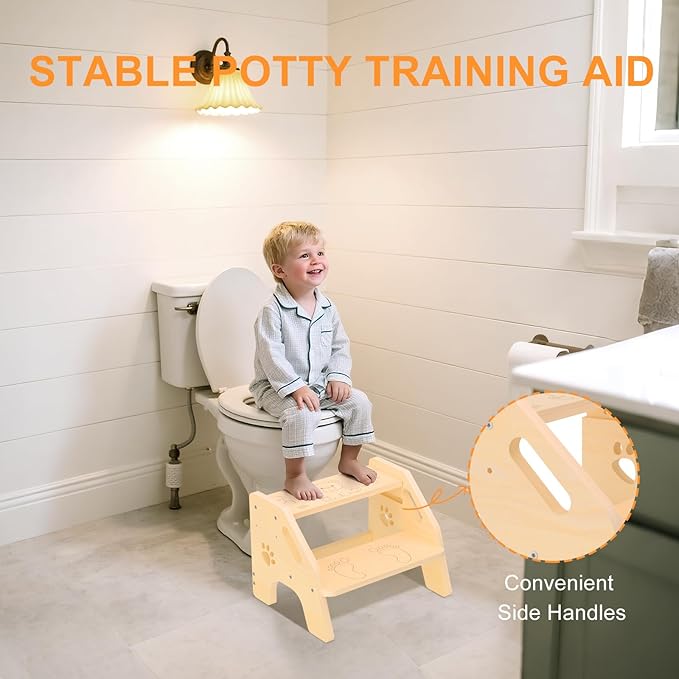 Toddler Step Stool Wooden - Height-Adjustable Kids 2 Step Stool Ladder with Cute Bear Design for Bathroom Sink Toilet Potty Training Kitchen Bedroom