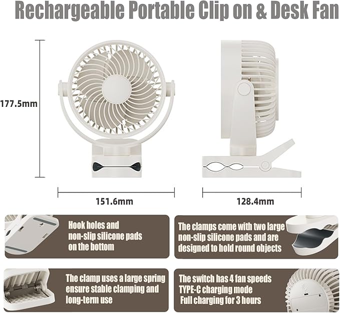 Personal Clip on Fan 2000mAh Battery Operated, Type-C 4 Speed Max 8.5 Hrs 360° adjustment Clip fan, Small Portable Fan for Office, Bedroom, Desk, dormitory, Camping, Stroller, Golf Cart - White