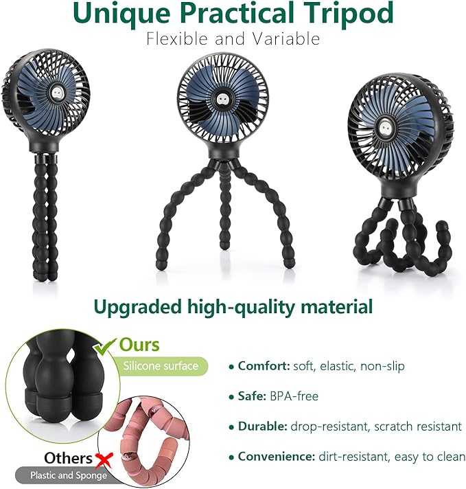 snawowo Mini Handheld Personal Portable Fan, Baby Stroller Fan, Car Seat Fan, USB or Battery Powered, with Flexible Tripod Clip on Student Bed Desk Bike Crib Treadmill Camping Traveling(Black)