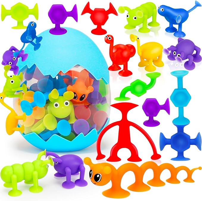 32 PCS Toddler Suction Cup Toys Kids Bath Toy 3-5 Halloween Party Favor Goody Prize Filler Stuffer Gift for 3 4 5 6 Year Old Boy Girl Travel Sensory Fidget Window Water Table Toy with Eggshell Storage