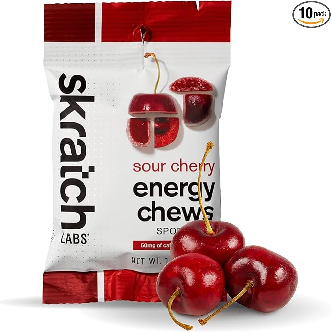 Skratch Labs Energy Chews | Caffeine Gummies for Running, Cycling, and Sports Performance | Gel Alternative | Sour Cherry (10 Pack) | Gluten Free, Vegan
