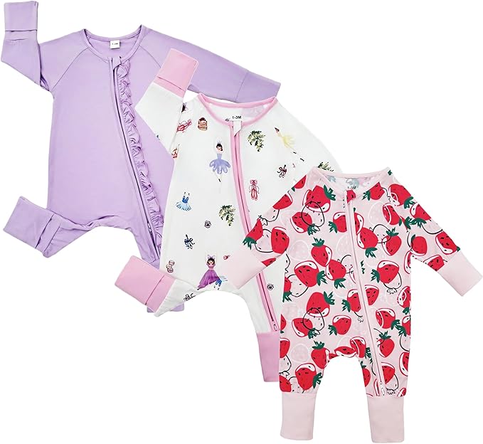 Bow Dream Bamboo Rayon Baby Boy Romper Footed Long Sleeve Footies Newborn Girl Clothes Footless with Zipper and Mitten Cuffs