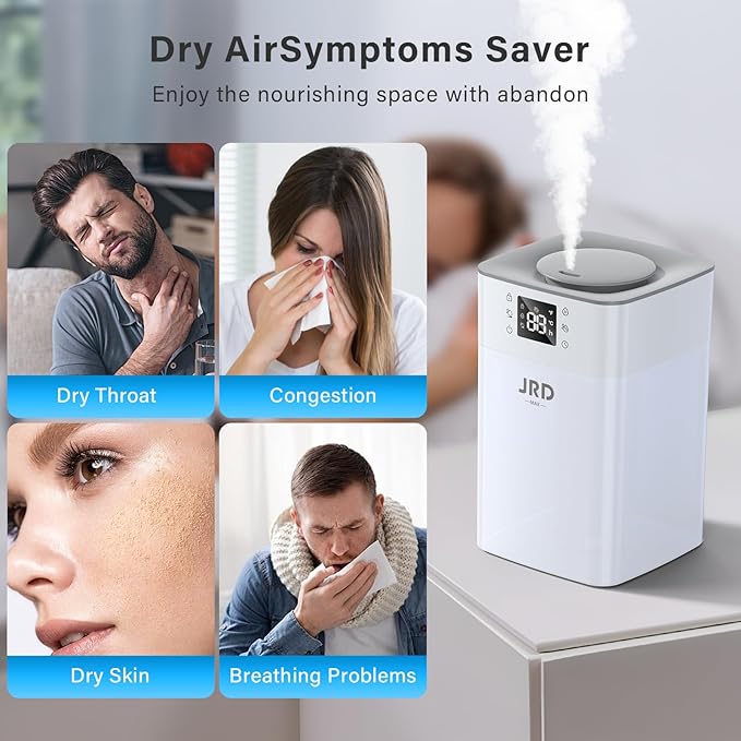 JRD 4L Humidifiers for Bedroom, Cool Mist Humidifier for Large Room, 40H Runtime, 24H Timer, 10 Mist Levels, 360° Nozzle, Night Light for Home, Office, Baby Nursery, Plants（Grey）