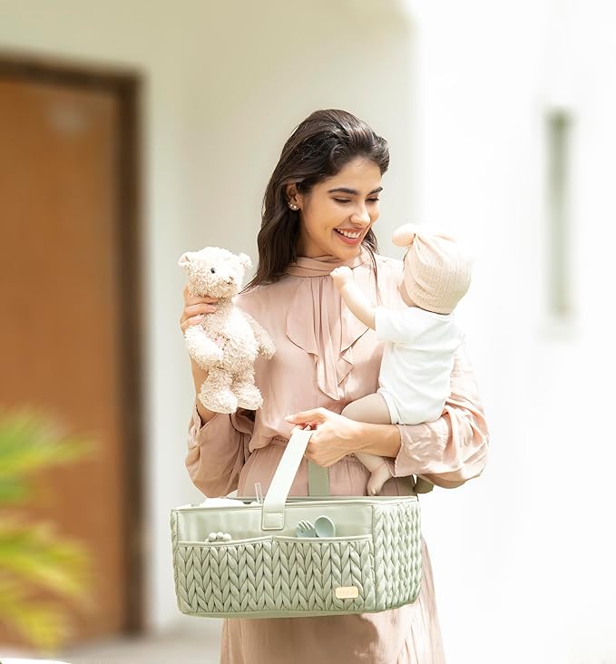 Luxurious Baby Diaper Caddy, Nursery Storage Basket for Newborn Essentials, Travel Baby Basket for Diapers Baby Wipes, Organizer Tote Bag Storage Bin, Baby Shower Gifts(Sage Green)