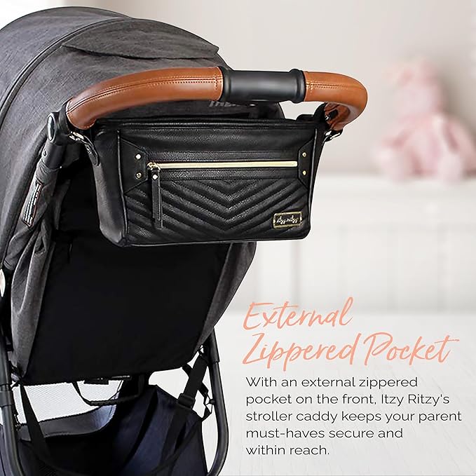 Itzy Ritzy Adjustable Stroller Caddy / Organizer - Stroller Organizer Bag Featuring Front Zippered Pocket, 2 Built-In Interior Pockets & Straps to Fit Nearly Any Model (Black with Gold Hardware)