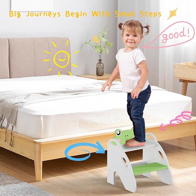 Frog-Themed Toddler Step Stool, 2-Step Stool for Bathroom Sink & Potty Training, Kids Kitchen Helper Stool with Safety Handles (Natural Wood, 120lbs Capacity)(Green)