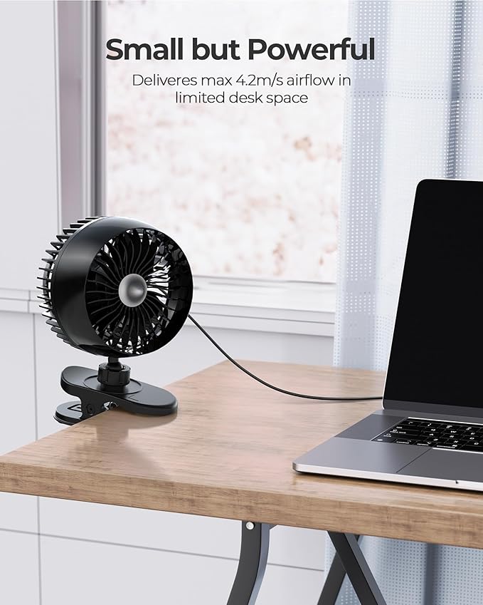 Koonie USB Clip on Fan, Strong Wind Ultra Quiet Small Desk Fan with Strong Clamp, More Than 360° Adjustable, 3 Speeds USB-C Corded Powered, Mini Personal Fan for Home Office Desktop Black