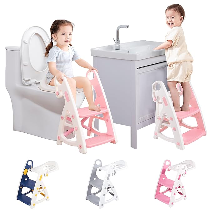 Potty Training Seat: 2 in 1 Design Potty Seat for Toilet & Nursery Step Stool for Sink Potty Training Toilet with Height Adjustable Ladder for Kids of All Ages (Light Pink)