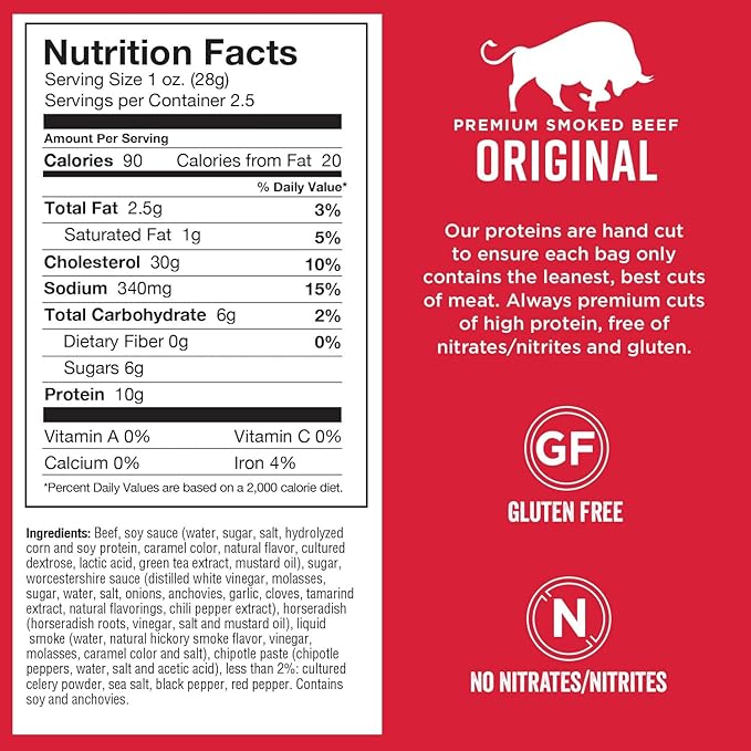 Chef's Cut Beef Jerky, Original, High Protein Meat Snack, 10g of Protein and 90 Calories, Gluten Free, Premium Lean Smoked Beef - 2.5 Ounce (Pack of 8)