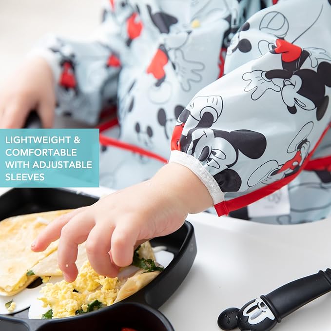 Bumkins Disney Bibs, Baby and Toddler Girls and Boys 6-24 Months, Long Sleeve, Essential Must Have for Eating, Feeding, Mess Saving Lightweight Waterproof Fabric Sleeved Smock, Mickey Mouse Classic