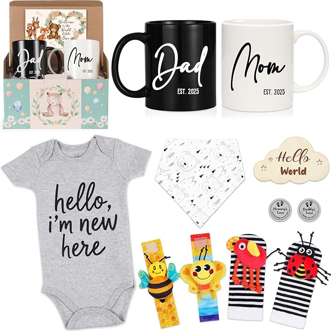 Breezy Valley Gender Reveal Baby Shower Gifts for New Parents, New Mom and Dad Gifts Mugs Est 2025, First Time Parents Gifts, Pregnancy Gifts for Expecting Mom and Dad to Be, Baby Gift Set Basket