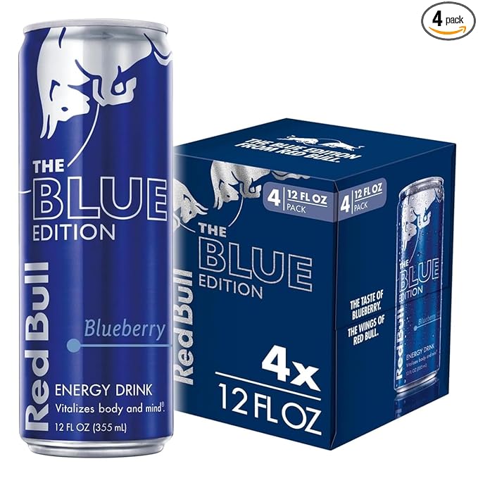 Red Bull Blue Edition Energy Drink, Blueberry, with 114mg Caffeine plus Taurine & B Vitamins, 12 Fl Oz, Pack of 4 Cans