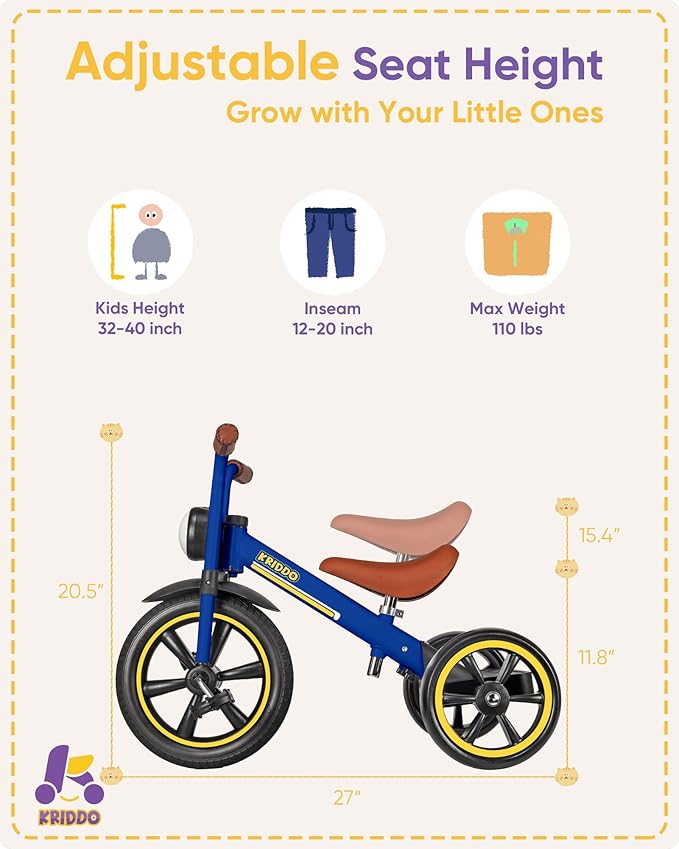 KRIDDO Kids 12 Inch Tricycle With Puncture Free Wheels, Front Light, Adjustable Seat - Gift for 2-5 Year Olds, Blue