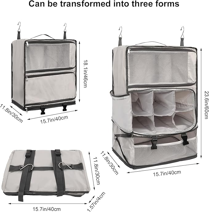 TABITORA Travel Portable Hanging Shelves Closet Organizer Packing Luggage Storage with Multifunctional and Foldable Invisible Compartment,Lightweight, for Suitcase, RV,Closet…lightgrey,XXL