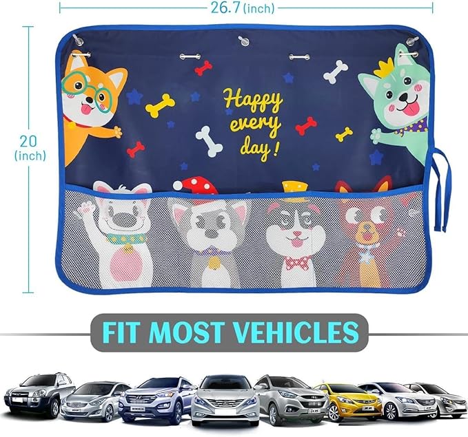 2 Pack Car Window Shade for Baby, Blackout Car Sun Shades with Storage Pockets, 7 Suction Cups, Blue, Cute Patterns for Sun/Heat/UV Rays Protection, Standard Passenger Cars