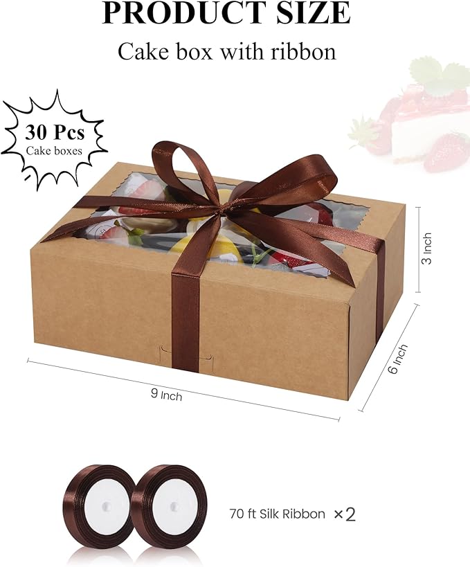 COTOPHER 30Pcs Cookie Boxes with Ribbons, 9x6x3 Inch Bakery Boxes with Window, Brown Treat Containers for Pastries, Chocolate Covered Strawberries, Dessert, Easter Candy, Muffins, Donuts