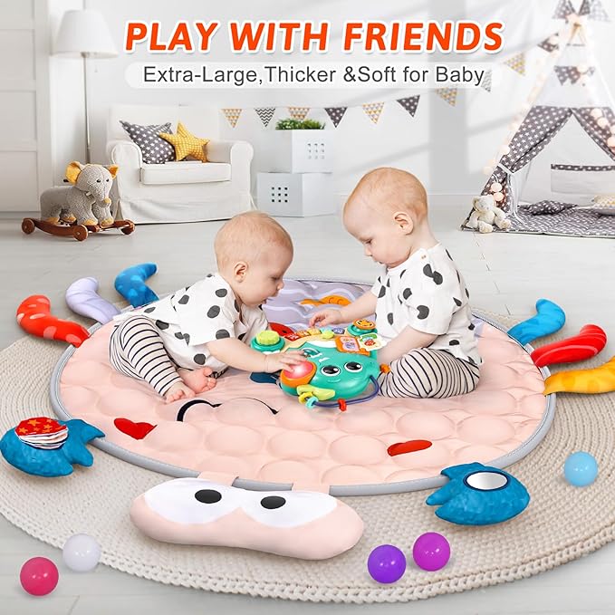 Baby Play Mat Baby Toys Tummy Time Mat for Newborn Infant Toy Piano Music & Light with 5 Toy Musical Activity Center Baby Boy Girl Gifts Toys for Baby Toys 3 6 9 12 Months, Crab Theme