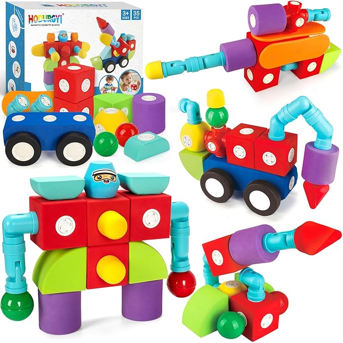 35 PCS Magnetic Foam Blocks for Kids, Large Magnetic Building Blocks for Toddlers 3+, Kids Bath Toys and Preschool STEM Educational Toys, Birthday for Boys & Girls 3 4 5 6+ Years Old