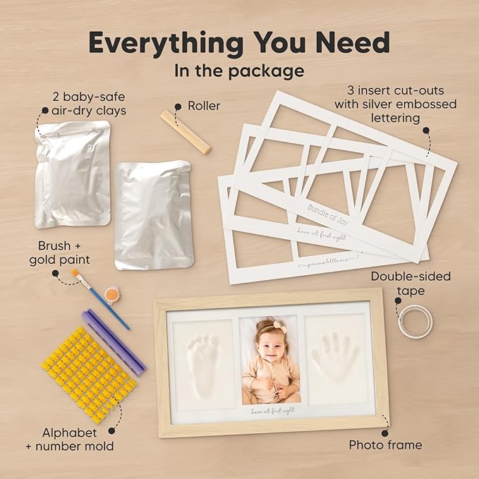 Baby Hand and Footprint Kit - Clay Handprint Keepsake Frame, Newborn Nursery Picture Frame, Personalized New Mom Gifts for Baby Shower & Registry (Ash Wood)