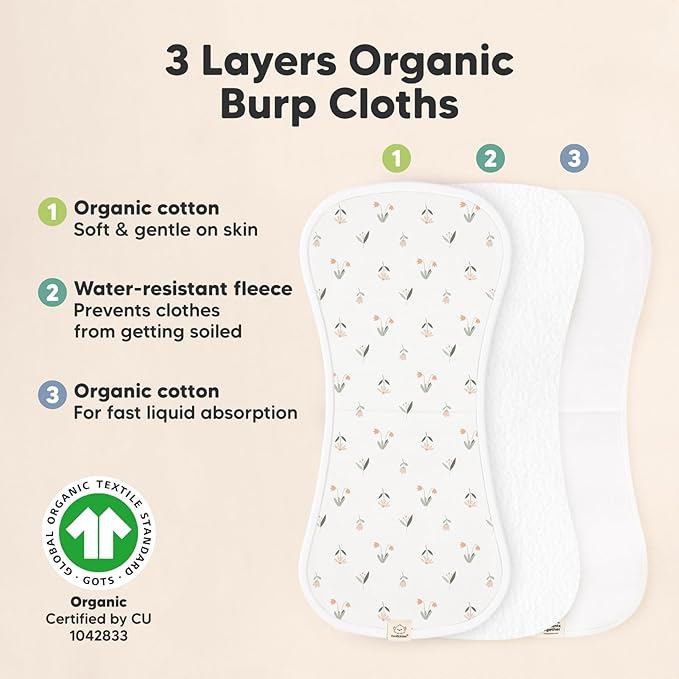Organic Burp Cloths Baby Boy & Girl - 5-Pack Super Absorbent Cotton Burping Cloths for Babies, Soft & Plush Newborn Spit Up Rags, Infant Towels for Milk Spit Up, Unisex, Large 21" x 10" (Fleur)