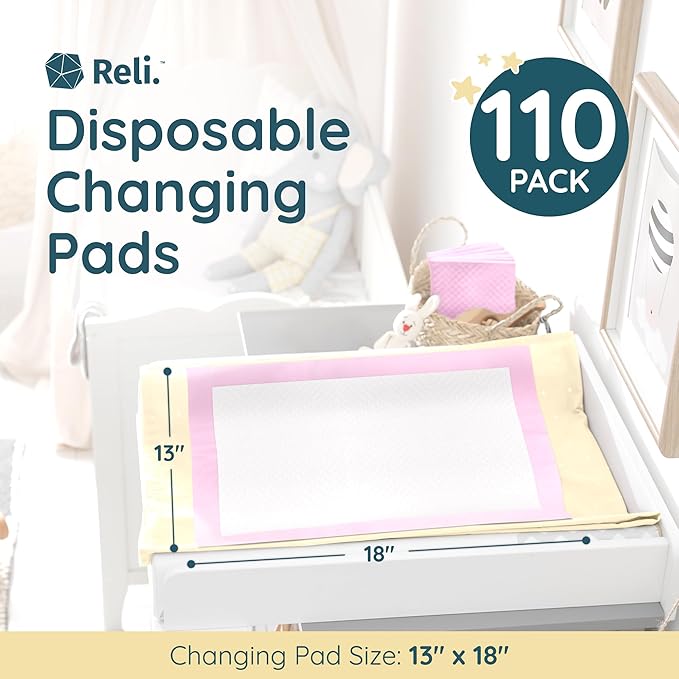 Reli. Disposable Changing Pads for Baby (110 Pack) | Disposable Diaper Changing Pads, 13" x 18" | Super Absorbent, Leak-Proof Liners | Waterproof, Quick Dry Underpads (Pink/White)