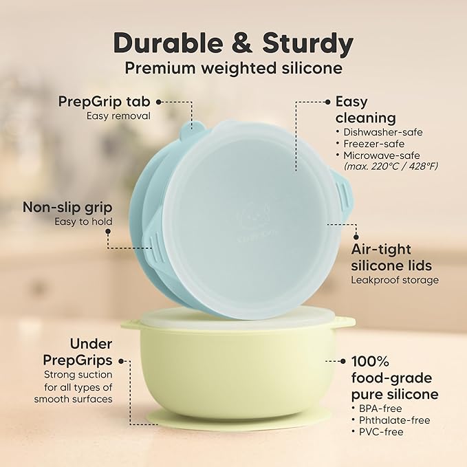KeaBabies 2-Pack Baby Bowls with Suctions, Lids - Silicone Toddler Suction Bowls for Baby Boy, Girl, Kids, Food Grade Silicone, BPA-Free, Dishwasher Safe, Toddler Eating Essentials (Pastel Sky)