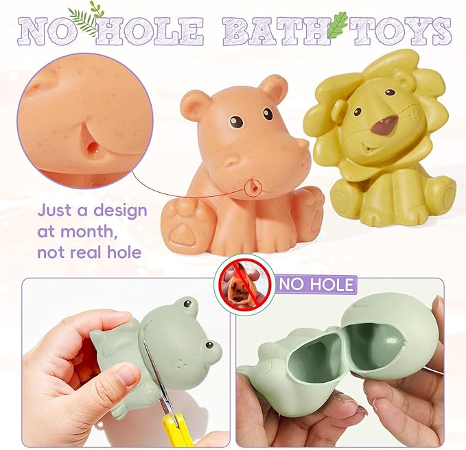 Bath Toys, Wild Animal 9 Pack | Sealed, No Hole & Mold Free Bath Toys Design | Soft, Squeezable & Float on Water | Safe, Easy-Grip Baby & Toddler Bath Toy Set | Baby Pool Toys