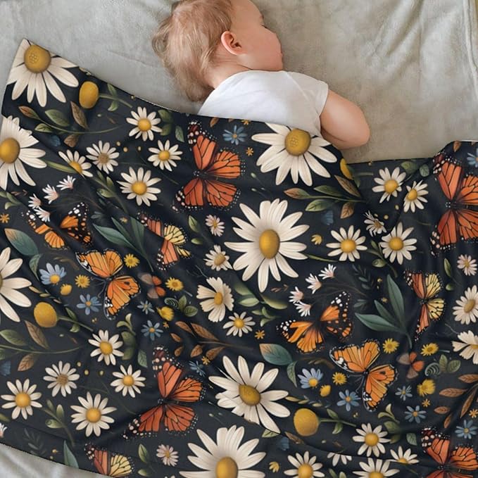 Baby Blanket Daisy Butterfly Vintage for Boy Girl Newborn 30x40 Inch Toddler Infant Nursery Throw Blankets Double Layer Comfy Soft Plush Stroller Crib Quilt