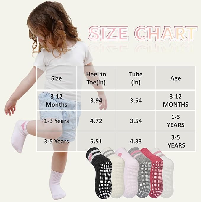 Toddler Grip Socks with Non-Slip, Unisex Baby Retro Stripe Seamless Crew Ankle Cotton Socks for Girls Boys 6 Pairs