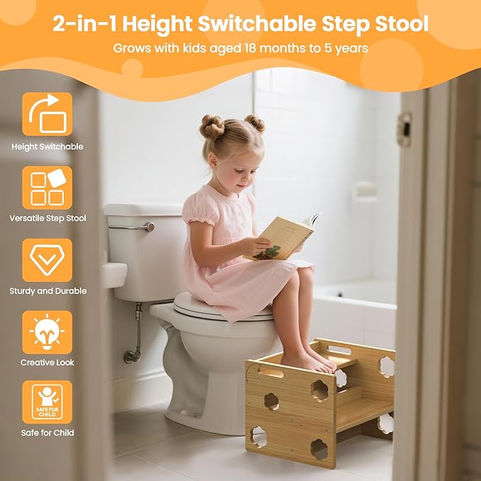 Step Stool for Toddlers Wooden, Flip Design with - Height - Adjustable Non-Slip 2-Step Stool for Kids, Non-Slip Stepping Stool for Bathroom Sink, Toilet Potty Training, Bedroom, Kitchen