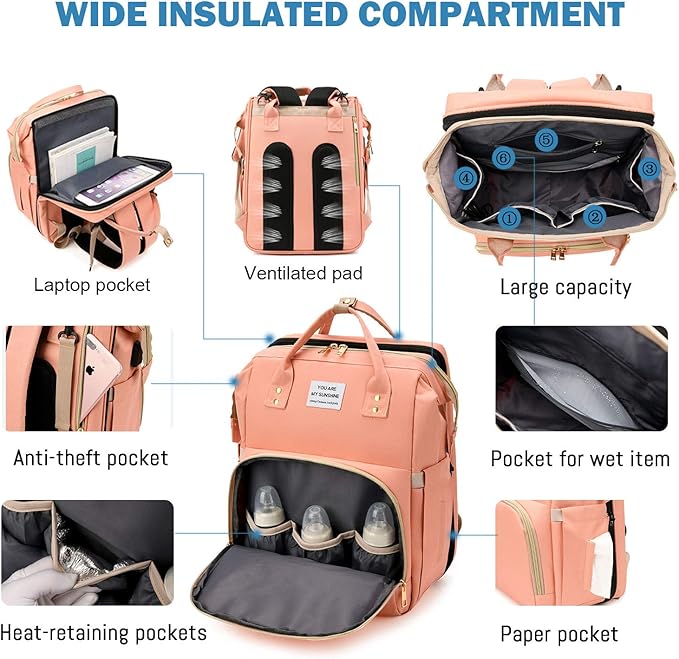 Diaper Bag Backpack with Changing Station, Nappy Baby Bags with Portable Changing Pad, 900D Waterproof Multi-Function Travel Portable Mommy Bag, Pink