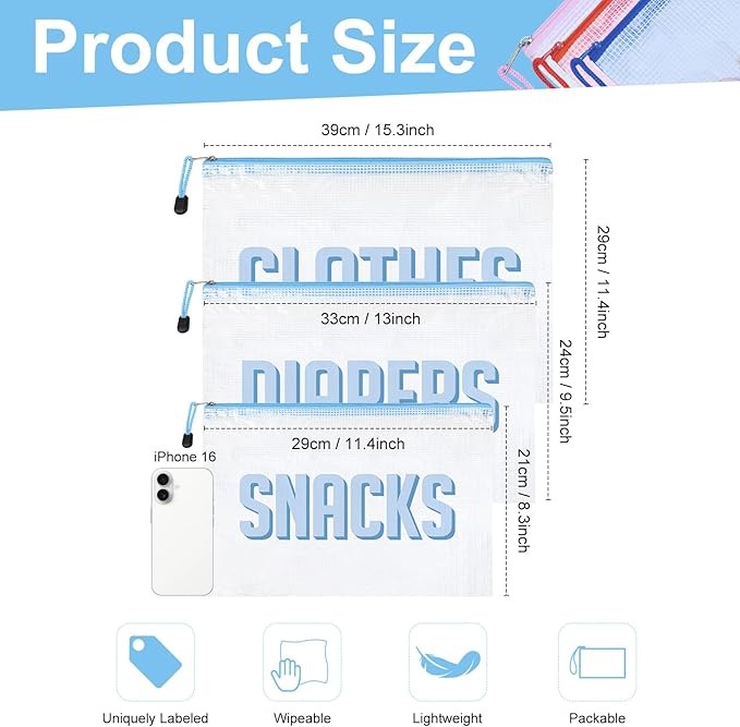 3pcs Hospital Bag Organizing Pouches for Labor and Delivery, Maternity Essentials Diaper Bag Organizer for Mom Travel - Blue/White